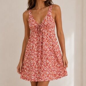 Copper Key Floral Mini Dress Womens XL Pink Sleeveless Tie Front Zip Y2K
